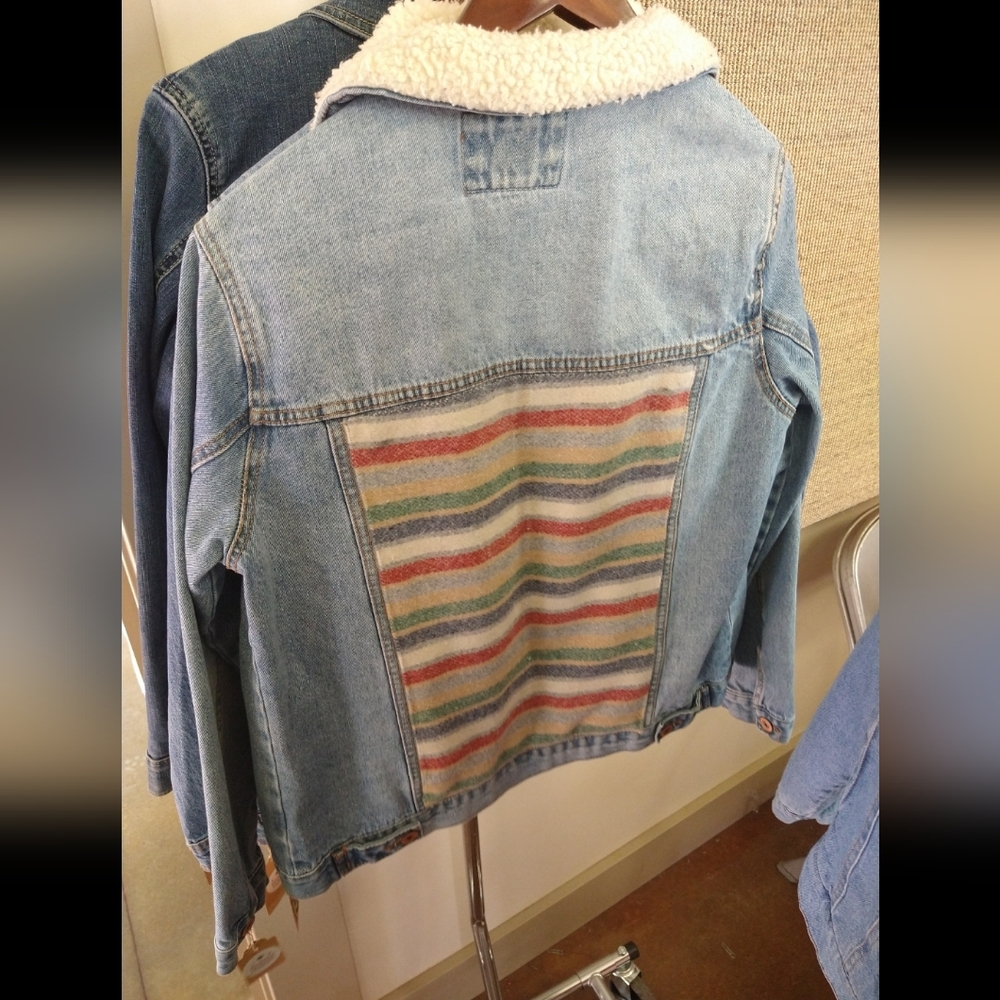 Upcycled Denim Jacket with Striped Wool Back